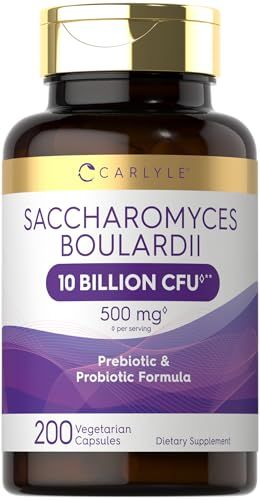 Carlyle Saccharomyces Boulardii Probiotics Prebiotics 10 Billion CFUs 200 Capsules Value Size Non-GMO, Gluten Free Supplement Packaging May Vary