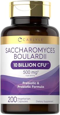 Carlyle Saccharomyces Boulardii Probiotics Prebiotics 10 Billion CFUs 200 Capsules Value Size Non-GMO, Gluten Free Supplement Packaging May Vary