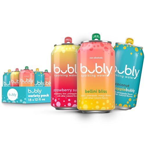 bubly Sparkling Water, 3 Flavor Variety Pack (Bellini, Strawberry Sunset, Coconut Pineapple), Zero Sugar Zero Calories, 12 Fl Oz Cans (Pack of 18)