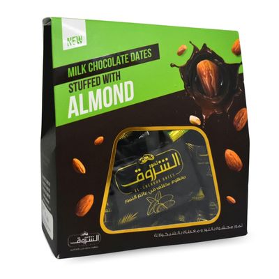 bonballoon El Sherouk Saudi Dates Without Pits Stuffed With Almonds Covered With Chocolate Delicious Finest Natural Tamr Free From Genetically Modified Fresh Kosher Halal (1 Pack 8.82 oz 250 g)