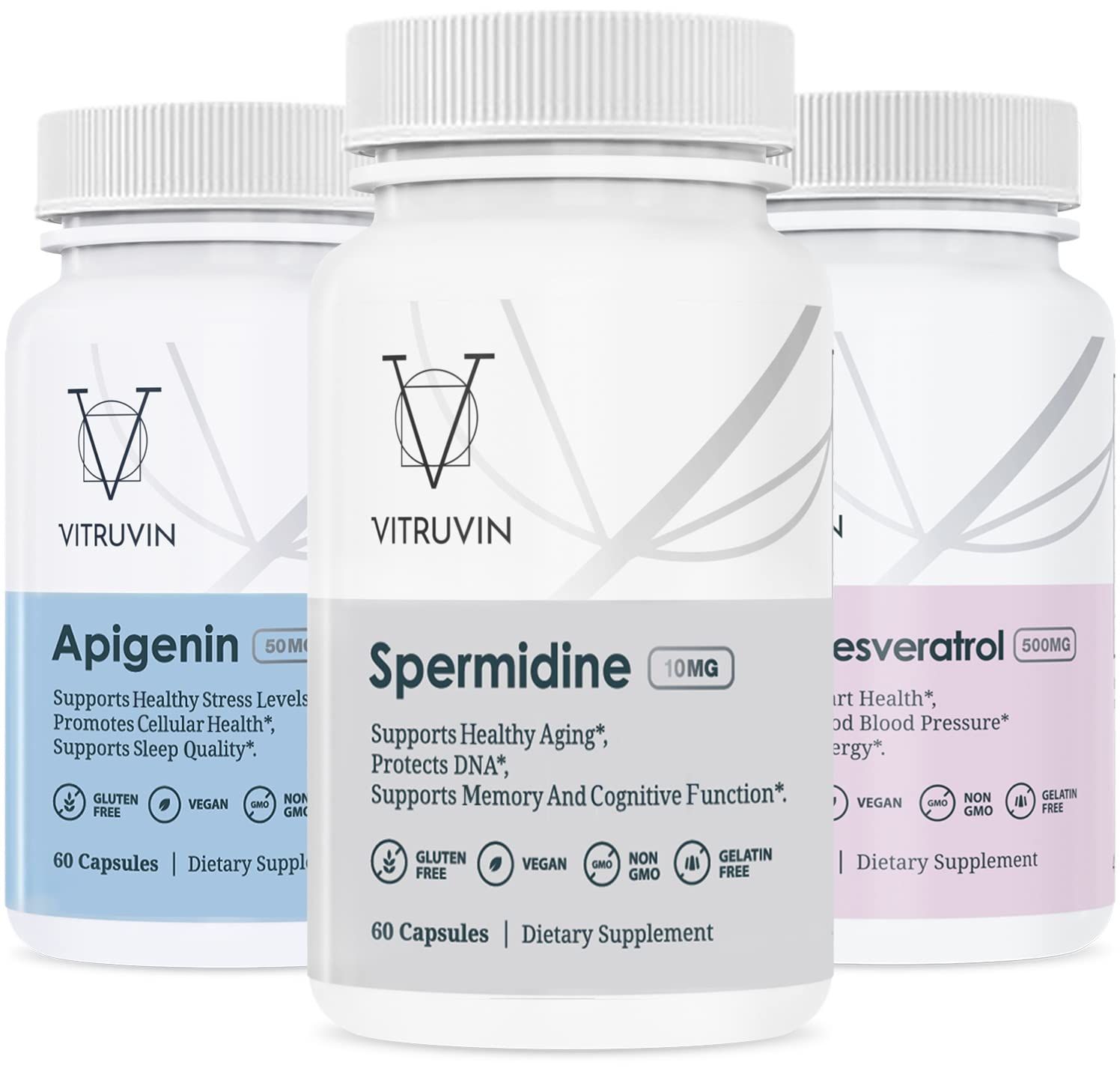VITRUVIN Longevity Plus (Spermidine 2x10mg, Apigenin 2x50mg, Resveratrol 500mg Piperine 5mg) Vegan, Non-GMO, Gluten-Free, Gelatin-Free.