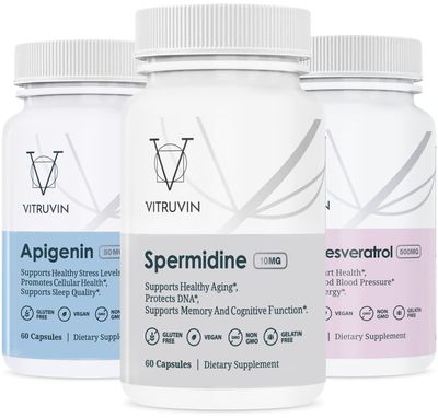 VITRUVIN Longevity Plus (Spermidine 2x10mg, Apigenin 2x50mg, Resveratrol 500mg Piperine 5mg) Vegan, Non-GMO, Gluten-Free, Gelatin-Free.