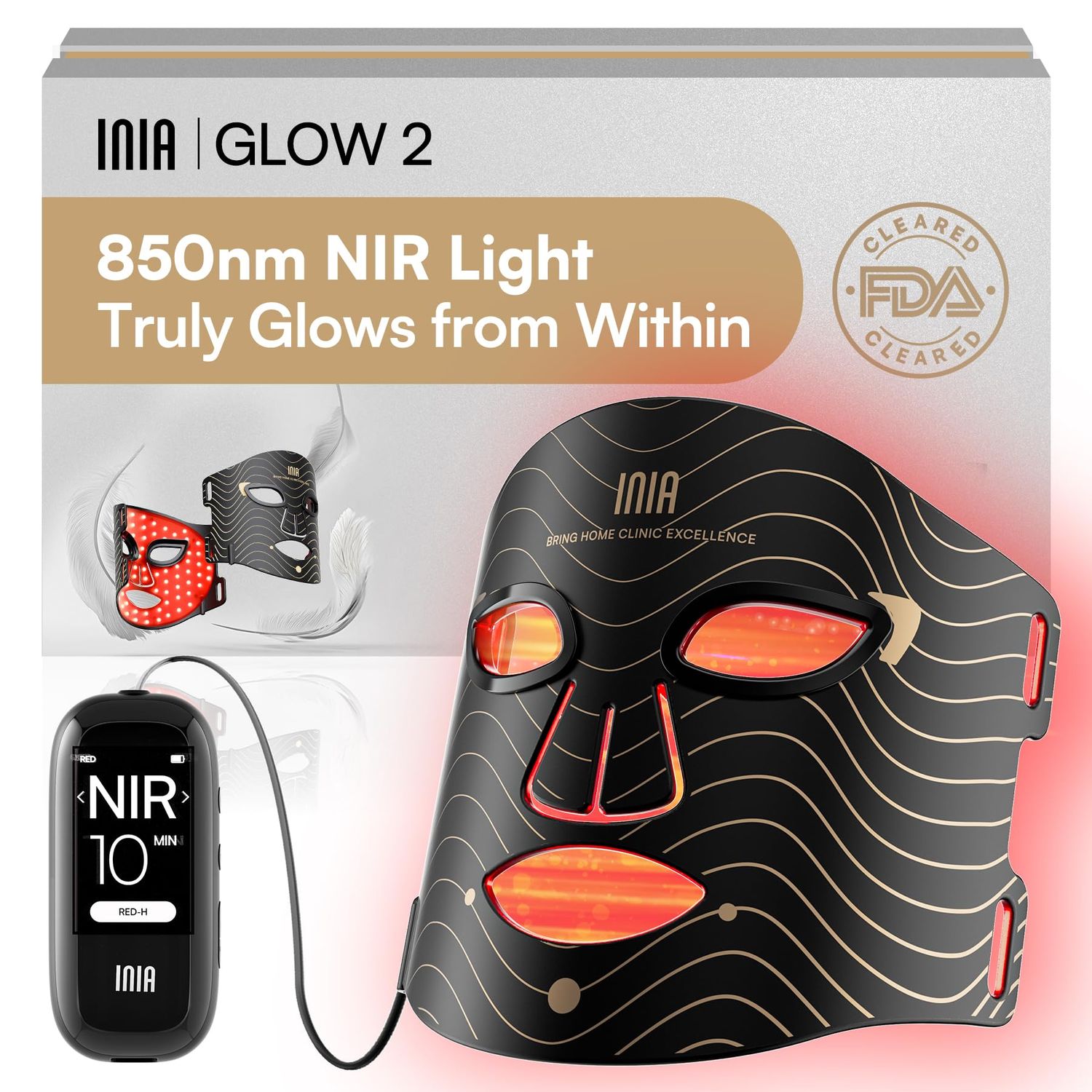 INIA Red Light Therapy Mask for Face - 4 Light Modes with 850nm NIR, Red Blue LED Light Therapy, 2600mAh Rechargeable LED Face Mask for Anti-Aging, Skin Firming Radiance at Home