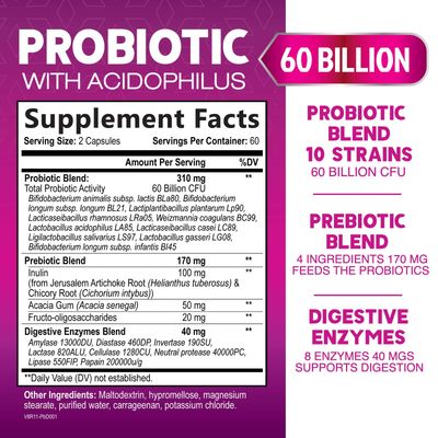 Probiotics 60 Billion CFU per Serving - 10 Strains Prebiotics - Immune, Digestive Gut Health Support, Supports Occasional Constipation, Gas Bloating for Women Men, Shelf Stable - 120 Capsules
