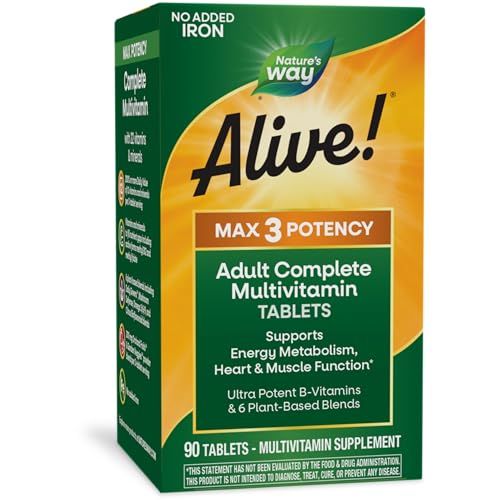 Nature&#39;s Way Alive! Max3 Potency Adult Complete Multivitamin, High Potency B-Vitamins to Support Energy Metabolism, with Methylated B12 and Folate, No Added Iron, 90 Tablets (Packaging May Vary)