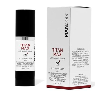 Man Labs Titan MAX Ultra Potency Anti Aging Mens Face Serum - Men&#39;s 10 Niacinamide Moisturizer with Hyaluronic Acid, Peptides, Ceramides - Facial Skincare for Men - Unscented, 1 Fl Oz