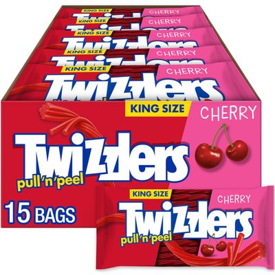 TWIZZLERS PULL &#39;N&#39; PEEL Cherry Flavored King Size, Low Fat Candy Packs, 4.2 oz (15 Count)