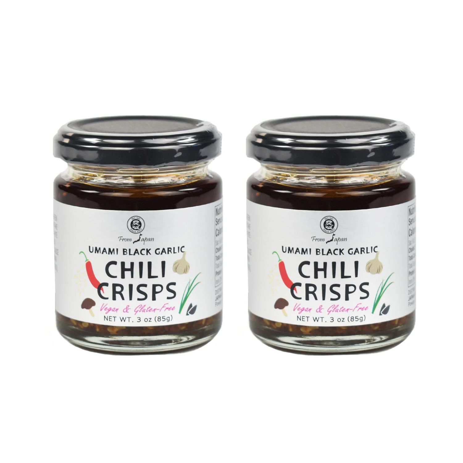 Umami Black Garlic Chili Crisps - 3 oz (85 g) - Set of 2 - Authentic Japanese Spicy Condiment - No Additives, Vegan, Gluten-Free - Product of Japan