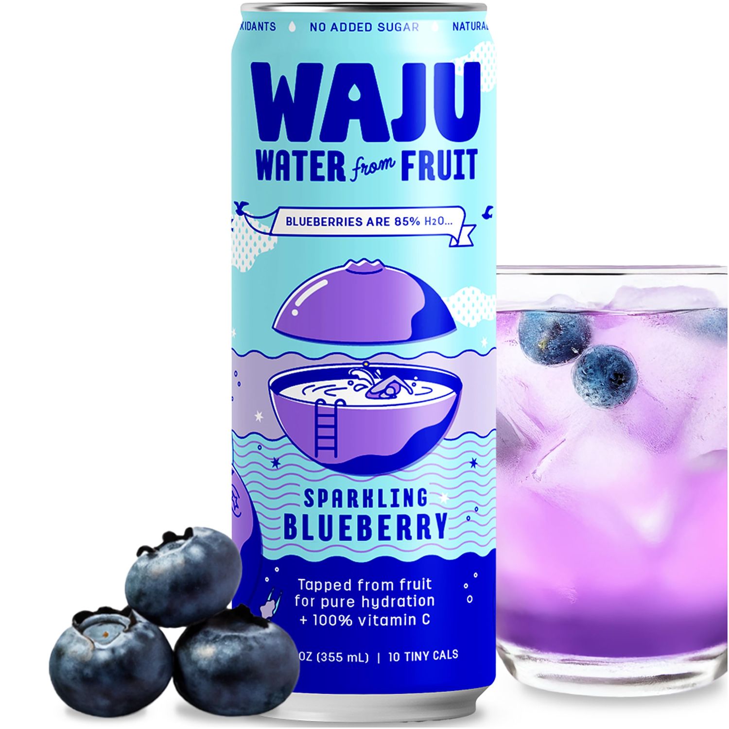 WAJU Organic Sparkling Blueberry Water, No Added Sugar, Immune Support with 100 DV Vitamin C, Antioxidant Nutrients, Environmentally Friendly Sourcing - 12 pack (12 oz)