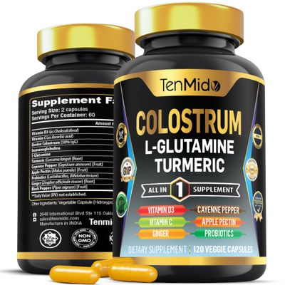 Tenmido Colostrum Supplement - 10in1 Formula - Combine with L- Glutamine, Turmeric, Cayenne Pepper, Apple Pectin, Probiotics, Ginger, and More - Digestive Health, Immune Support - 120 Capsules