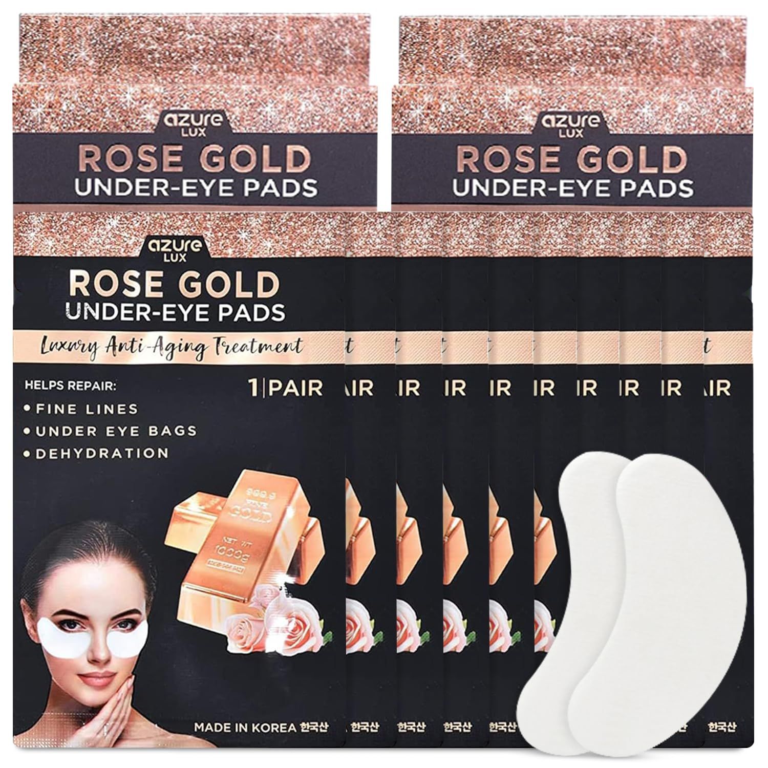 AZURE Rose Gold Luxury Anti Aging Under Eye Pads - Lifting, Smoothing Hydrating Eye Mask Patches - Reduces Fine Lines, Wrinkles, Dark Circles Puffiness - Skin Care Made in Korea - 10 Pairs