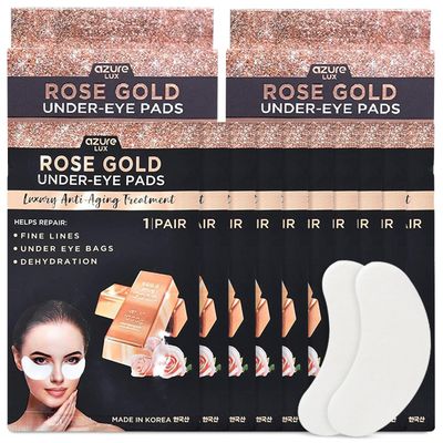 AZURE Rose Gold Luxury Anti Aging Under Eye Pads - Lifting, Smoothing Hydrating Eye Mask Patches - Reduces Fine Lines, Wrinkles, Dark Circles Puffiness - Skin Care Made in Korea - 10 Pairs