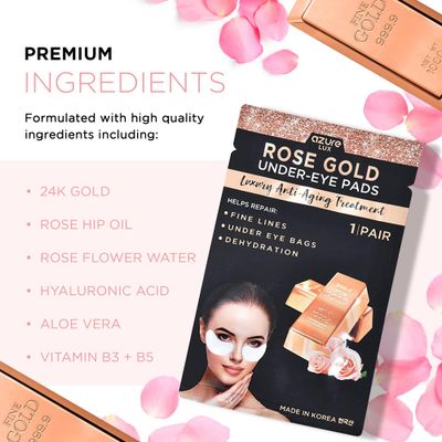 AZURE Rose Gold Luxury Anti Aging Under Eye Pads - Lifting, Smoothing Hydrating Eye Mask Patches - Reduces Fine Lines, Wrinkles, Dark Circles Puffiness - Skin Care Made in Korea - 10 Pairs