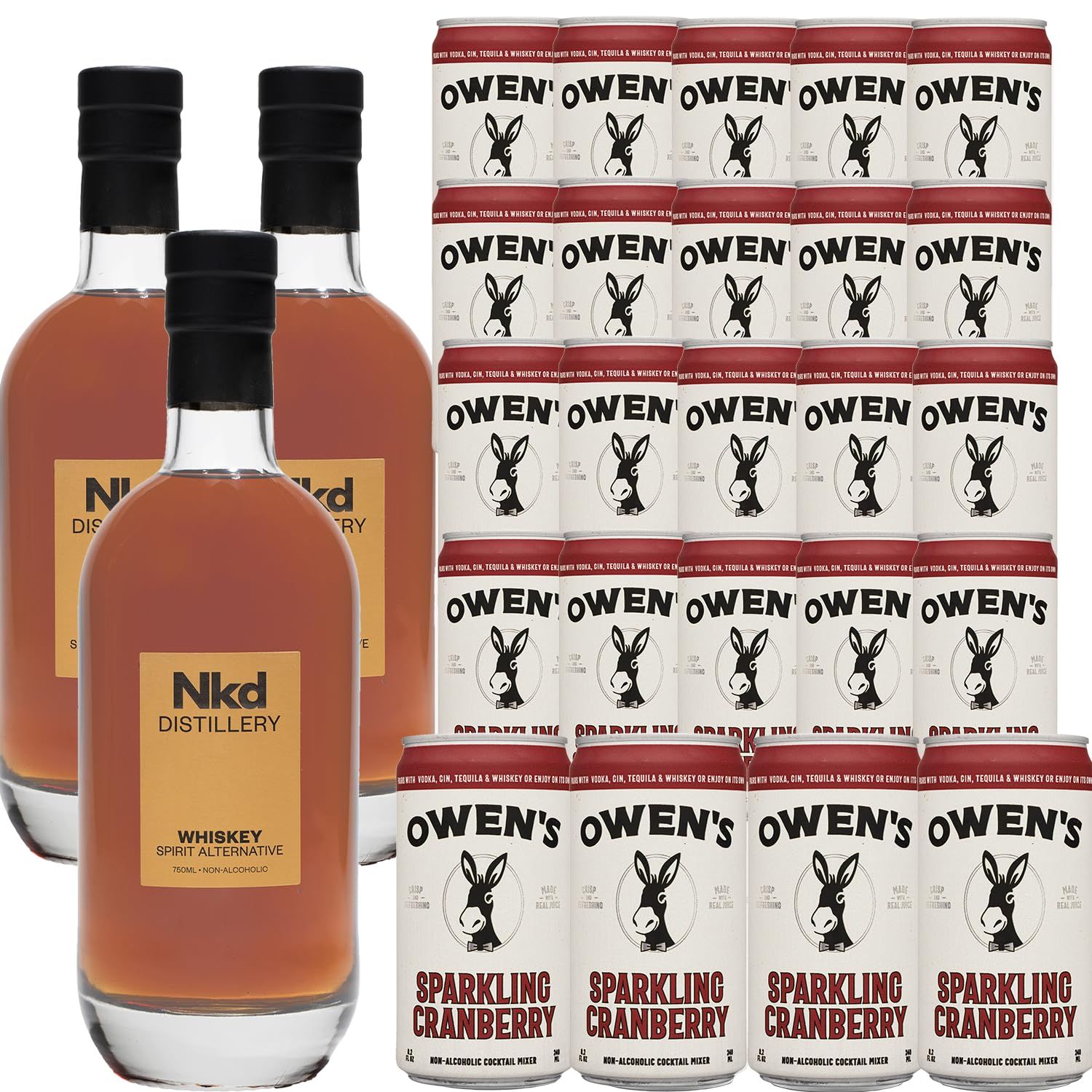 Nkd Distillery Whiskey Alternative Premium Non-Alcoholic Spirit 750 ML Bottles w Owen s Mixers Sparkling Cranberry 8.2 OZ Cans - Perfect for Mocktails - Made in USA