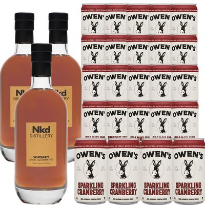 Nkd Distillery Whiskey Alternative Premium Non-Alcoholic Spirit 750 ML Bottles w Owen s Mixers Sparkling Cranberry 8.2 OZ Cans - Perfect for Mocktails - Made in USA