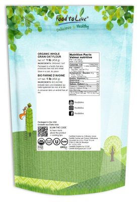 Food to Live Organic Oat Flour, 1 Pound - Non-GMO, Fine, Stone Ground from Whole Grain Oat Berries, Kosher, Vegan, Bulk, Great for Baking Pancakes, Muffins, Waffles and Bread, Good Source of Fiber