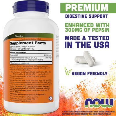 Now Betaine HCl 648mg 240 Veg Capsules (Pack of 2) - Digestive Enzymes Supplement - Enhanced with Pepsin Protease for Protein Digestion Support