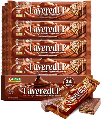 LayeredUp Wafer Cookies, Rich Dark Chocolate Coated Wafers, 24 Pack Dairy Free Light Crunchy Individually Wrapped Snack Bars