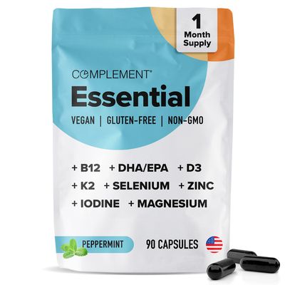Complement Essential Vegan Multivitamin for Women Men (30 Servings, 90 Capsules) Omega 3 DHAEPA, B12, Vitamin D3 K2, Zinc, Selenium, Magnesium, Iodine Supplement - Immune Support