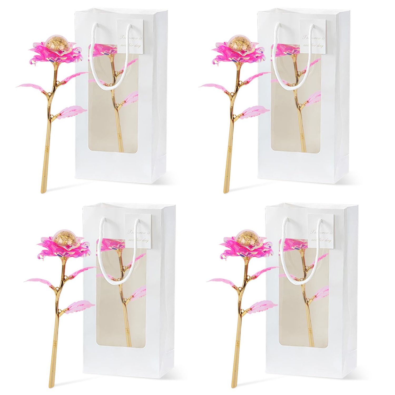 KWOLYKIM Mothers Day Milk Chocolate Rose, Colorful Pink Rose Flower Gifts and Gift Bags with Handle for Valentine Party Back to School Workers (Pack of 4)