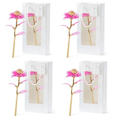 KWOLYKIM Mothers Day Milk Chocolate Rose, Colorful Pink Rose Flower Gifts and Gift Bags with Handle for Valentine Party Back to School Workers (Pack of 4)