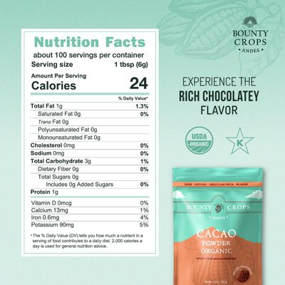 Bounty Crops Organic Cacao Powder (1.3 lb, 21 oz, 600 gr), Unsweetened Cacao with Dark Chocolate Flavor, Fruit Notes, Certified Organic, Non GMO, Gluten Free and Vegan