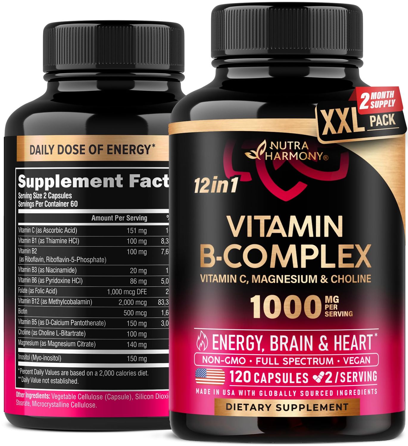 Vitamin B Complex for Men Women - Made in USA - B-Complex: B1, B2, B3, B5, B6, B7, B8, B9, B12 with Vitamin C, Choline, Inositol - Energy, Brain Heart Support Supplement, 120 Vegan Capsules