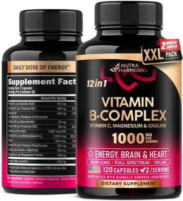 Vitamin B Complex for Men Women - Made in USA - B-Complex: B1, B2, B3, B5, B6, B7, B8, B9, B12 with Vitamin C, Choline, Inositol - Energy, Brain Heart Support Supplement, 120 Vegan Capsules