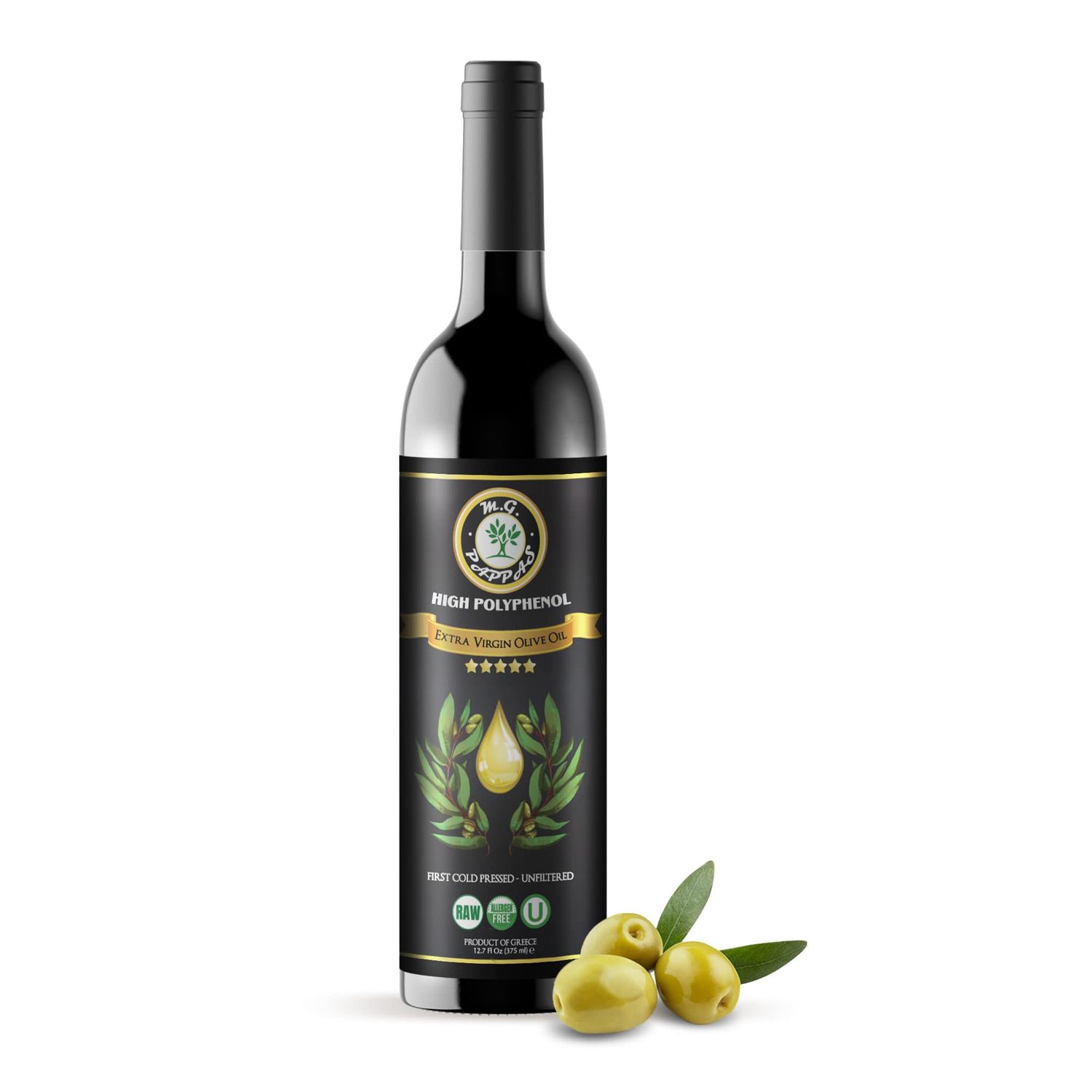 M.G. PAPPAS High Polyphenol Rich Extra Virgin Olive Oil - Cold Pressed Unfiltered - High Hydroxytyrosol Greek Olive Oil over 500 mgkg - Award Winning - 12.7 Oz 375ml