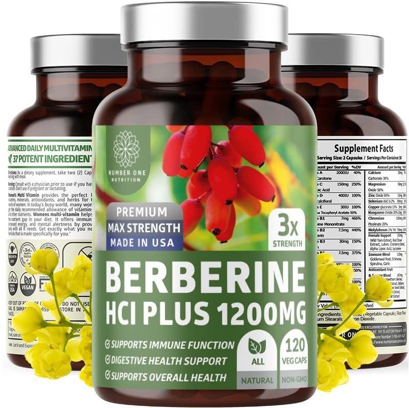 Number One Nutrition N1N Premium Berberine Plus 120 Caps, 1200mg, Natural Supplement Supports Anti-Aging, Cellular Health, Energy and Digestion