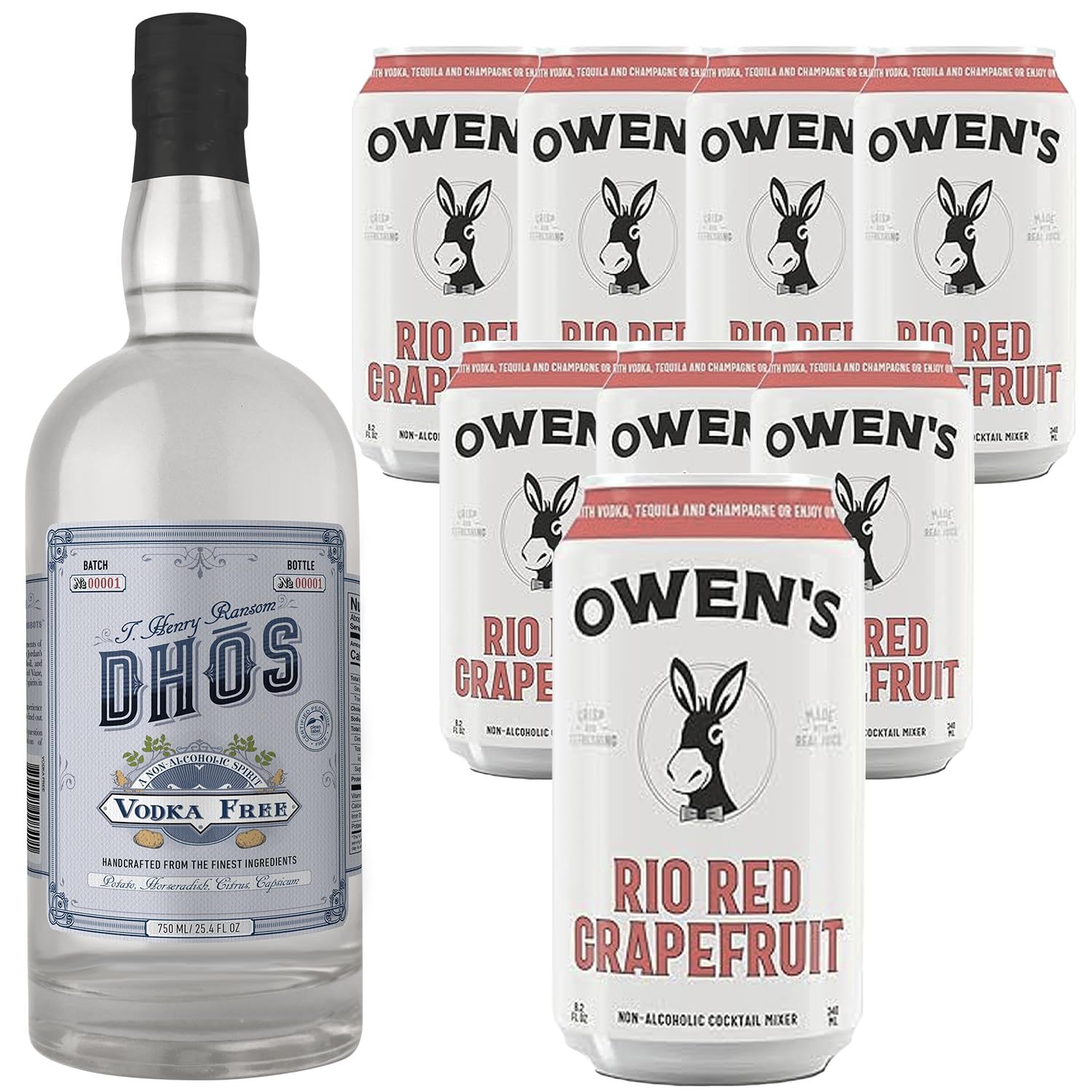 Dh s Handcrafted Non-Alcoholic Vodka 750 ML Bottle w Pack Owen s Mixers Rio Red Grapefruit 8.2 OZ Cans - Keto-Friendly, Zero Sugar, Zero Calories, Zero Proof - Perfect for Mocktails - Made in USA
