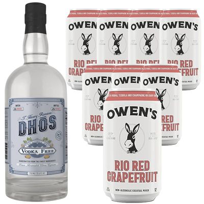Dh s Handcrafted Non-Alcoholic Vodka 750 ML Bottle w Pack Owen s Mixers Rio Red Grapefruit 8.2 OZ Cans - Keto-Friendly, Zero Sugar, Zero Calories, Zero Proof - Perfect for Mocktails - Made in USA