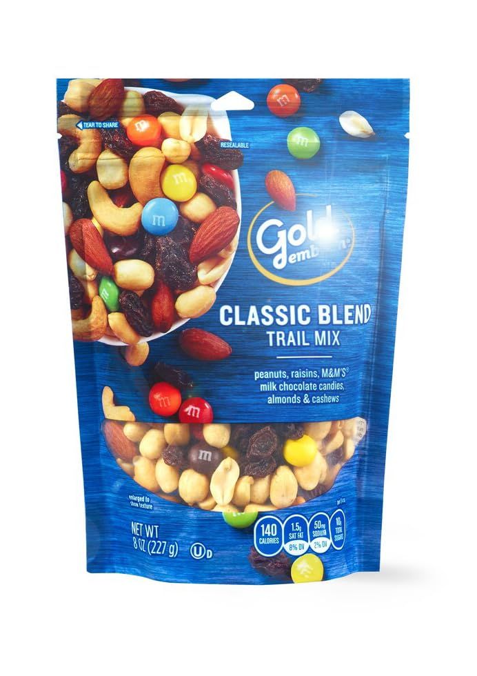 Emblem Gold Classic Blend Trail Mix: Peanuts, Raisins, Chocolate Candies, Almonds, Cashews - Snack Snacking Food Treat For Kids Family 8oz Bag