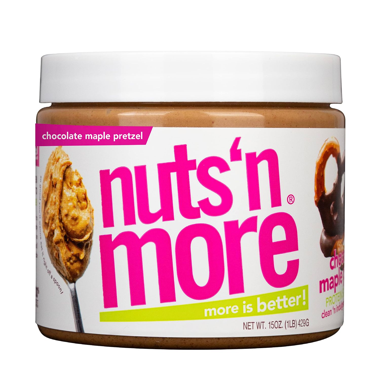 Nuts N More Chocolate Maple Pretzel Peanut Butter Spread, Added Protein All Natural Snack, Low Carb, Low Sugar, Non-GMO, High Protein Flavored Nut Butter (15 oz Jar)