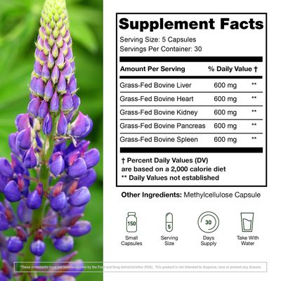 (Pack of 2) Grass Fed Beef Organ Supplement - Supports Whole Body Wellness 3000mg - with Desiccated Beef Liver, Heart, Kidney, Pancreas, Spleen - Organ Complex for Immune, Digestive Health (150 Caps)