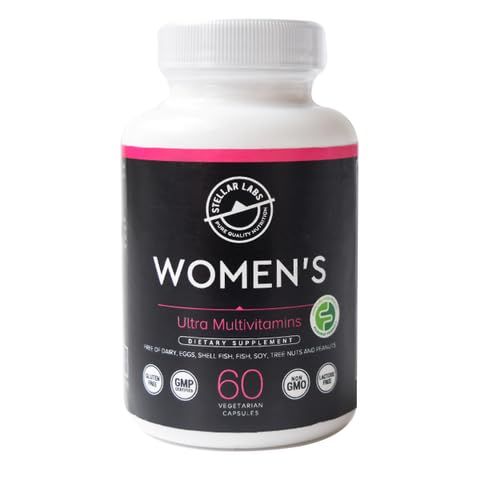 Stellar Labs Low FODMAP Vegan Women&#39;s Ultra Multi-Vitamin Easy to Digest Daily Multivitamin Without Iron Low Energy Supplement, Female Support Easy to Swallow Veggie Capsules 60 Count