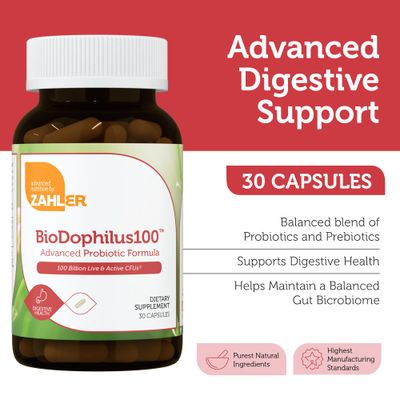 Zahler BioDophilus100-100 Billion Probiotic - 100 Billion CFU 11-Strain Gut Health Probiotic Supplement - PrebioticsProbiotics for Digestive Health, Probiotics for Women and Men. (30 Ct)