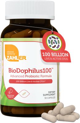 Zahler BioDophilus100-100 Billion Probiotic - 100 Billion CFU 11-Strain Gut Health Probiotic Supplement - PrebioticsProbiotics for Digestive Health, Probiotics for Women and Men. (30 Ct)