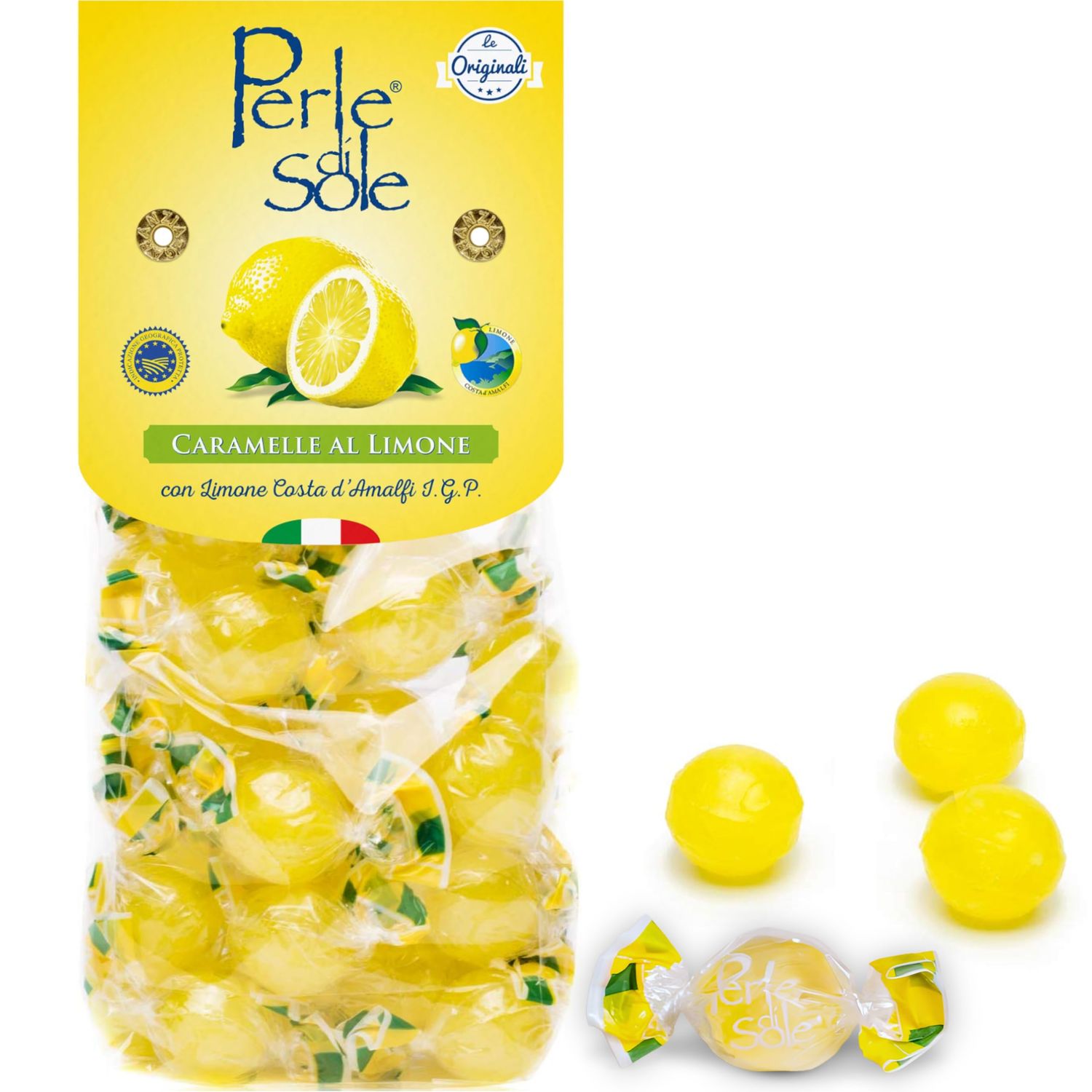 Perle di Sole Italian Lemon Drops Hard Candy Individually Wrapped (7.05 oz) Made with Essential Oils of Amalfi Coast P.G.I. Lemon - Italian Imported Gifts From Italy
