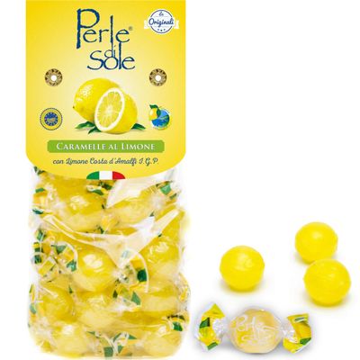 Perle di Sole Italian Lemon Drops Hard Candy Individually Wrapped (7.05 oz) Made with Essential Oils of Amalfi Coast P.G.I. Lemon - Italian Imported Gifts From Italy