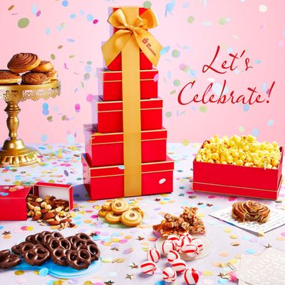 On Occasion Grand Gift Basket Tower - 6-Tier Deluxe Gourmet Snack and Food Tower for Women - Chocolate, Nuts, and Candy Variety Gift Box - Mother s Day Treats for Mom - Premium Food Gifts for Her