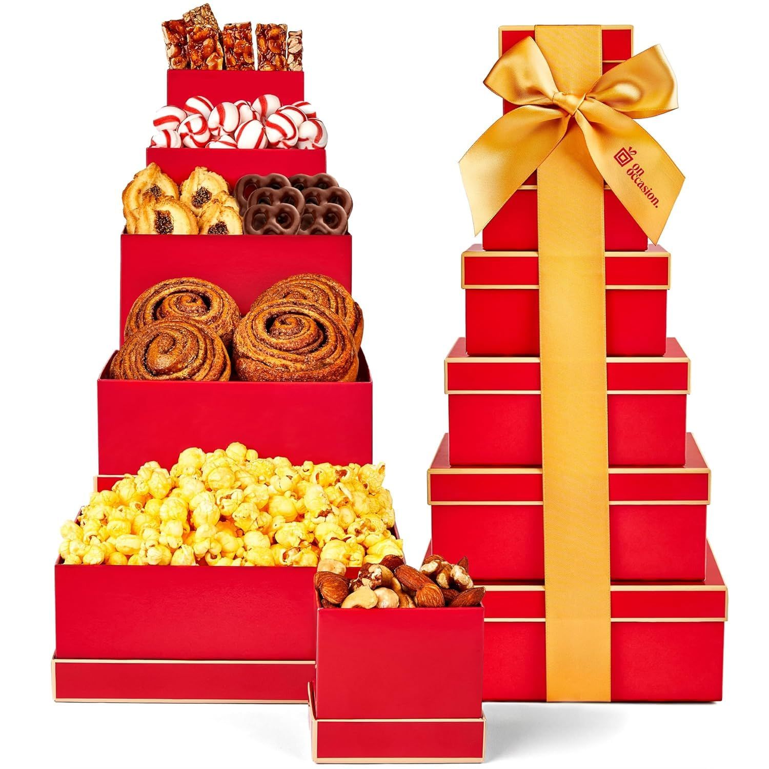 On Occasion Grand Gift Basket Tower - 6-Tier Deluxe Gourmet Snack and Food Tower for Women - Chocolate, Nuts, and Candy Variety Gift Box - Mother s Day Treats for Mom - Premium Food Gifts for Her