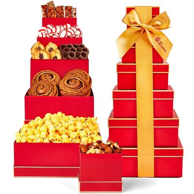 On Occasion Grand Gift Basket Tower - 6-Tier Deluxe Gourmet Snack and Food Tower for Women - Chocolate, Nuts, and Candy Variety Gift Box - Mother s Day Treats for Mom - Premium Food Gifts for Her