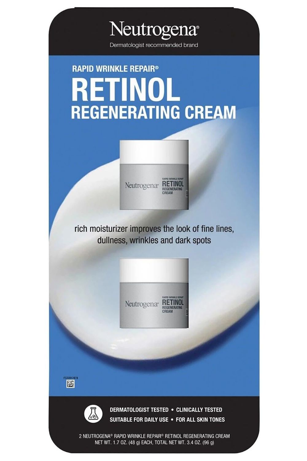 Neutrogena Rapid Wrinkle Repair Retinol Face Moisturizer, Fragrance Free, Daily Anti-Aging Face Cream with Retinol Hyaluronic Acid to Fight Fine Lines, Wrinkles, Dark Spots, 1.7 oz., 2 pk.