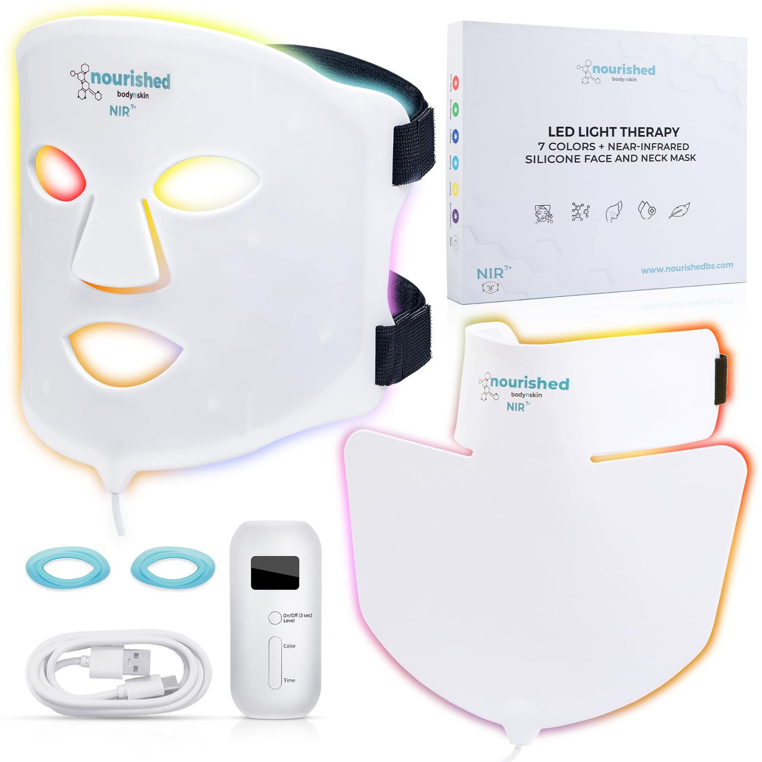 Nourished Bodynskin 7 Colors LED Face and Neck Mask with Near-Infrared - Blue, Red Light Therapy for Face - 228 LEDs - Skincare Tool for Anti-Aging