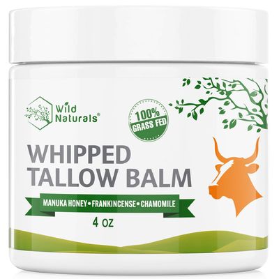 Wild Naturals Whipped Tallow Balm, 100 Grass Fed Beef Tallow and Honey Balm for Face and Body, Unscented Face Moisturizer, Anti-Aging and Dry Skin Relief, Non-Greasy, All-Natural, 4oz