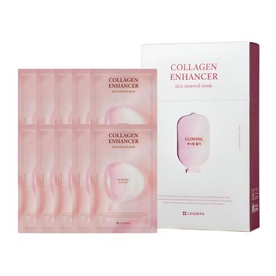 LEADERS Collagen Enhancer Skin Renewal Mask - Boosts Elasticity, Firmness Hydration for a Plump - Hydrating Face Mask with Hydrolyzed Collagen, Plant Extracts, Moisture-Rich Formula - 10 Sheets