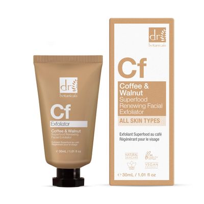 Dr Botanicals Superfood Coffee, Walnut Facial Exfoliator. Removes dull, dry dead skin. Boosts Collagen, hydrating, gives smooth skin. Vegan Natural 60ml (1 Tube 30ml)