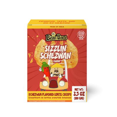 Bean Bites Sizzlin Schezwan Lentil Crisp 3.53 oz (100 g) Mini Poppadom Snack Round Crunchy Crisps Earthy Schezwan Taste Heat in Oven (60s), Plant Based Protein by Pride of India