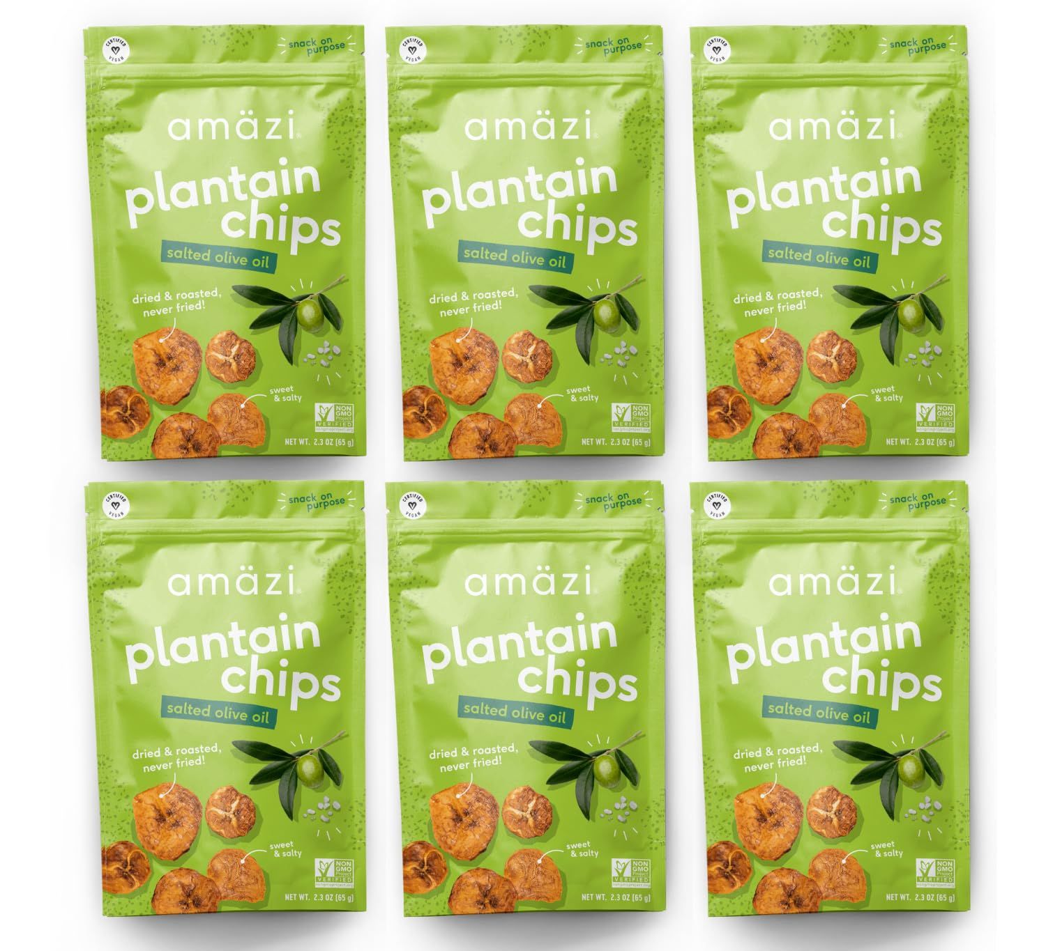 Am zi Foods Dried Roasted Salted Olive Oil Plantain Chips (6 Pack) All Natural Mini Travel Crunchy Dried Fruit Snacks Gluten Free Healthy Snacks